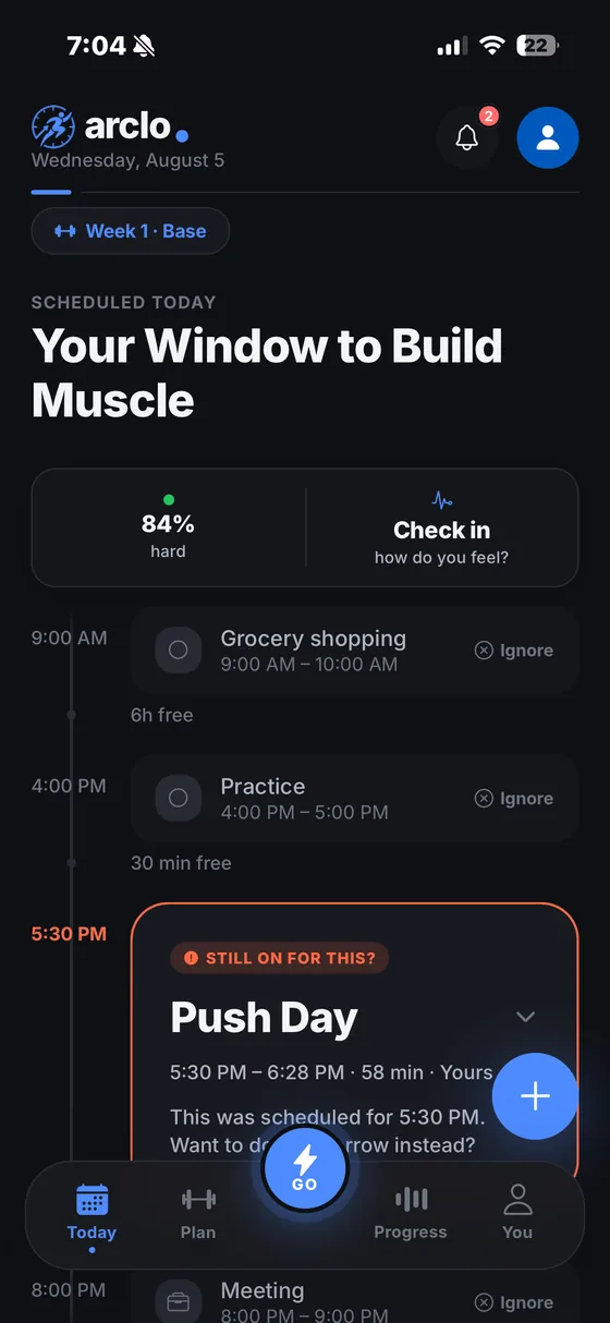 Arclo&rsquo;s Today view: the day&rsquo;s real calendar events with the workout placed in a free gap.