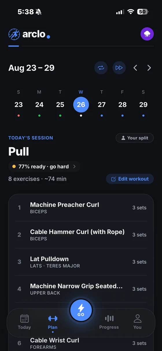 Arclo&rsquo;s week view: each day&rsquo;s session laid out across the calendar, with today&rsquo;s exercises listed underneath.